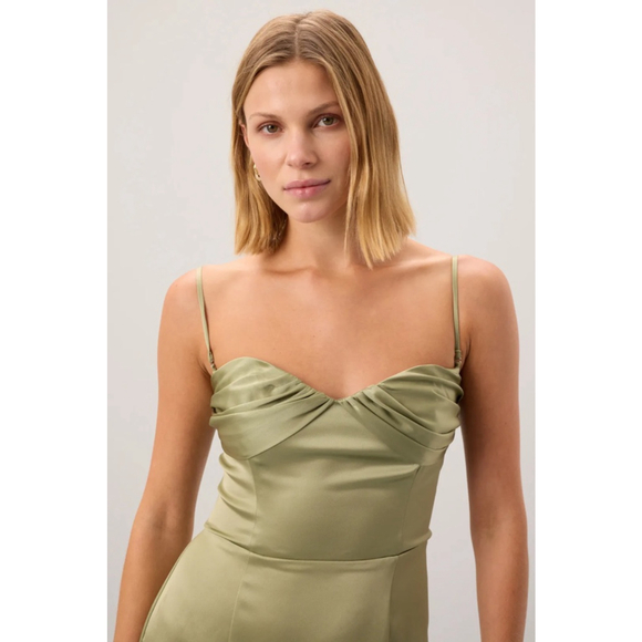 Women's Reformation Hensley Satin Midi Dress in Artichoke Green, Size 12 - Picture 2 of 10